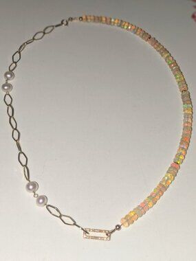 14k Yellow Gold Opal Beaded and Pearl Link Necklace with CZ Clasp Choker